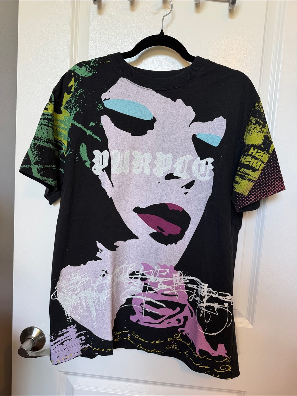 Black Graphic Short Sleeve Tee with Multicolor Face Print
